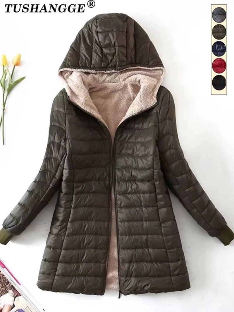 New Mid Length Korean Edition Hooded Fit Women Jackets Autumn Winter Mid-Length Office Cotton Coats Warm Lamb Fleece Parkas