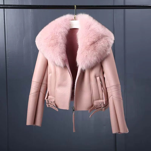 Women'S Short Lamb Fur Coat Fox Fur Collar Sheep Shearing Fur Parka Real Fur Coat Winter Warm Jacket