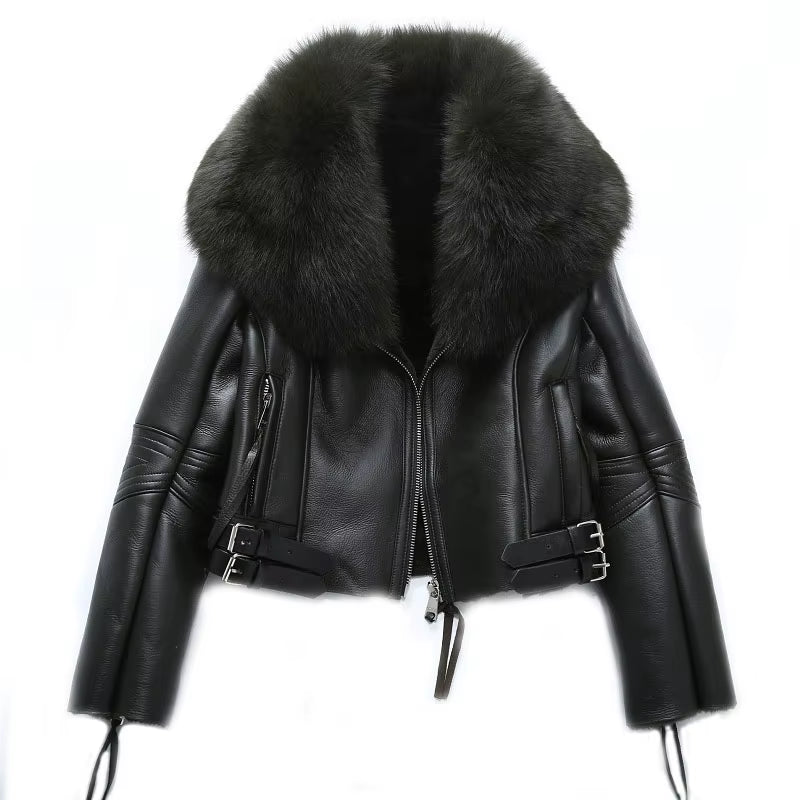Women'S Short Lamb Fur Coat Fox Fur Collar Sheep Shearing Fur Parka Real Fur Coat Winter Warm Jacket