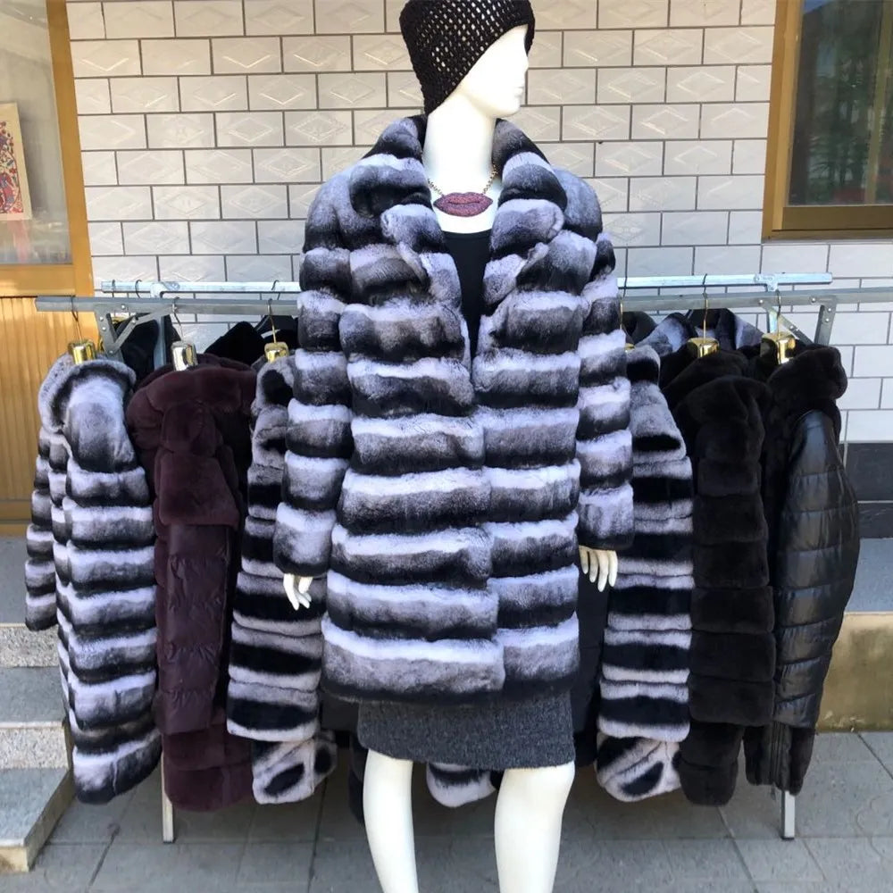 2025 Rabbit Fur Coat Rabbit Fur Jacket Stand Collar Imported Rex Rabbit Coat Stripes Rex Rabbit Fur Coat High Quality Natural Fu