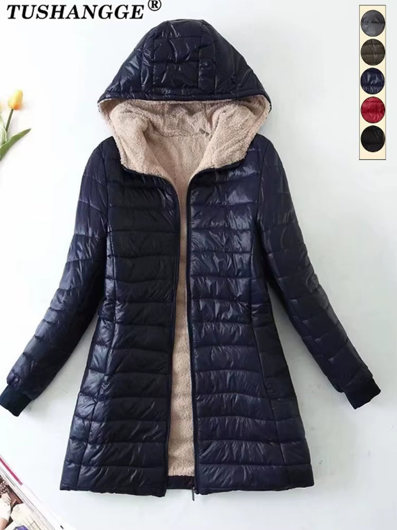 New Mid Length Korean Edition Hooded Fit Women Jackets Autumn Winter Mid-Length Office Cotton Coats Warm Lamb Fleece Parkas