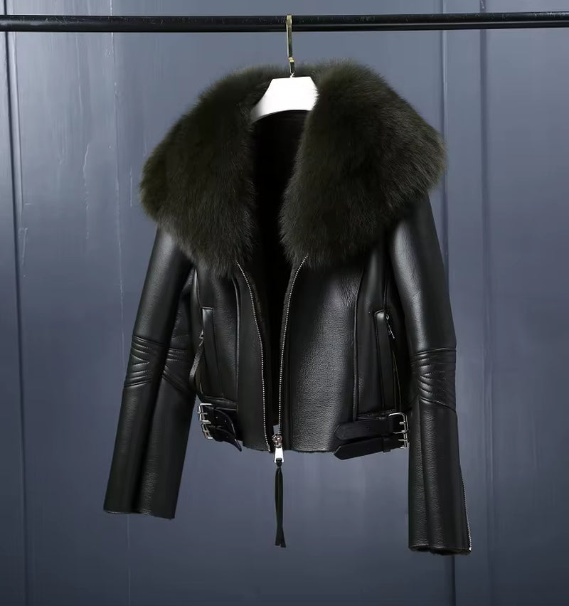Women'S Short Lamb Fur Coat Fox Fur Collar Sheep Shearing Fur Parka Real Fur Coat Winter Warm Jacket