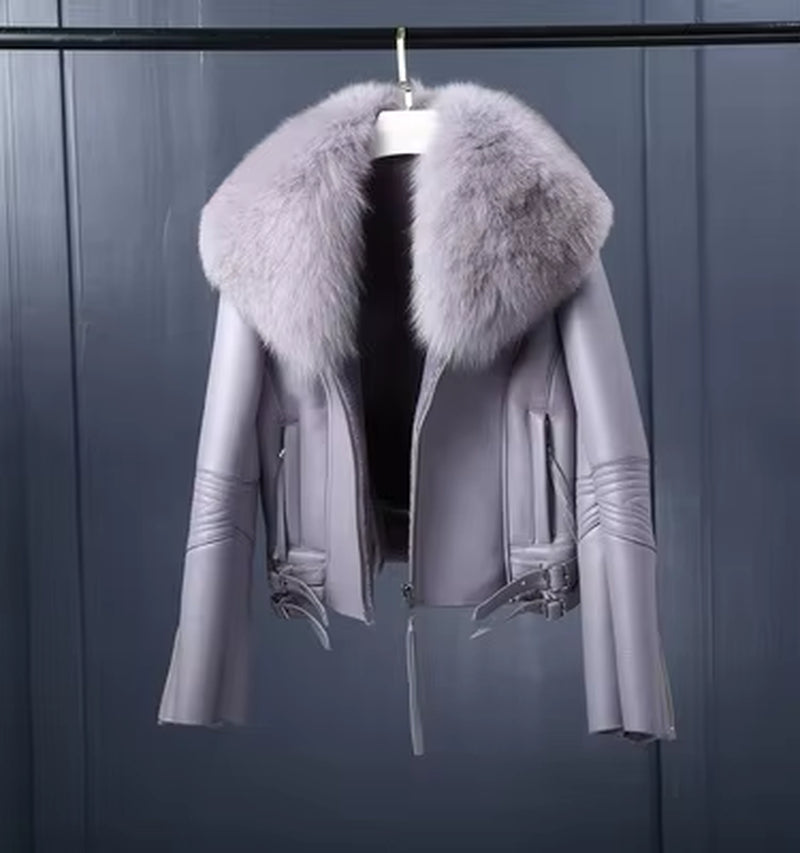 Women'S Short Lamb Fur Coat Fox Fur Collar Sheep Shearing Fur Parka Real Fur Coat Winter Warm Jacket