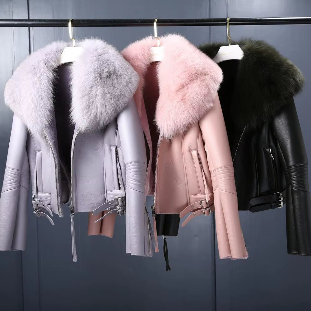 Women'S Short Lamb Fur Coat Fox Fur Collar Sheep Shearing Fur Parka Real Fur Coat Winter Warm Jacket