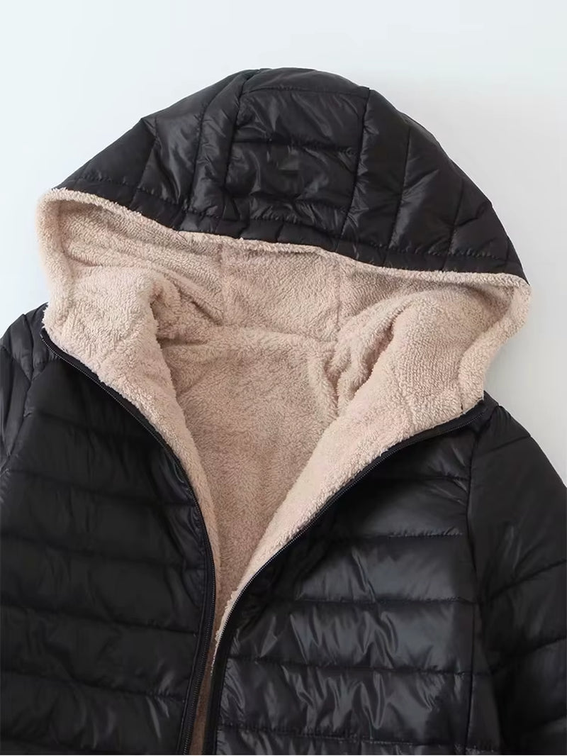 New Mid Length Korean Edition Hooded Fit Women Jackets Autumn Winter Mid-Length Office Cotton Coats Warm Lamb Fleece Parkas