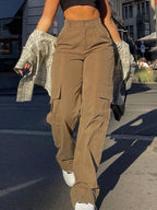 Women'S Plain High Waist Cargo Pants, Street Fashion Casual Pocket Button Trousers for Daily Wear, Ladies Bottoms for All Season