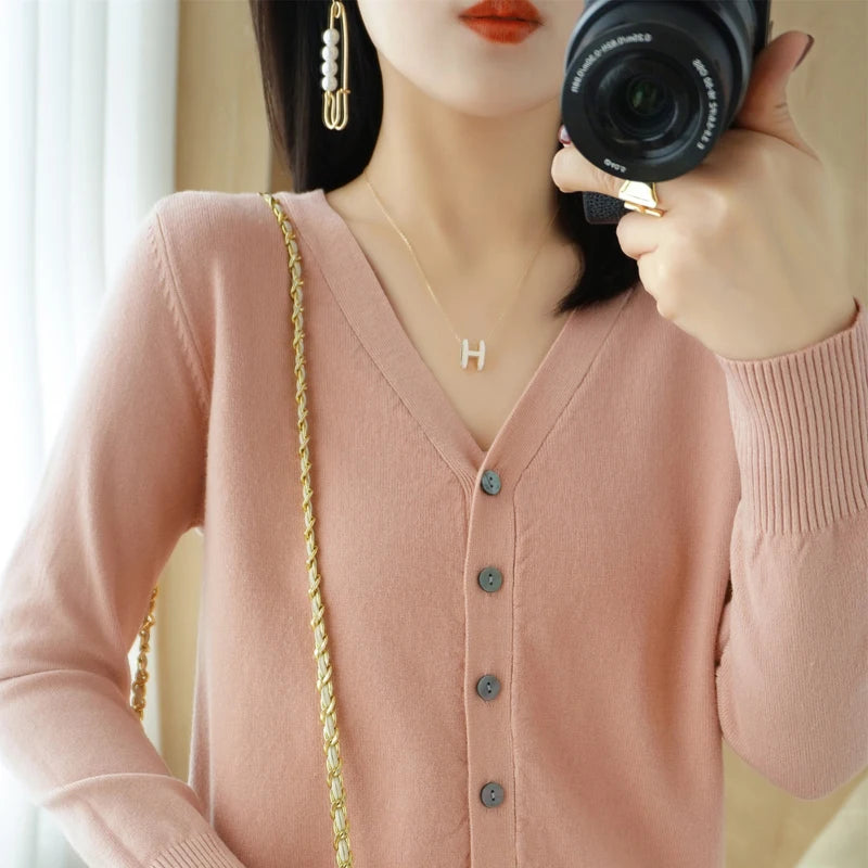 Early Autumn New Andy Cashmere Knit Cardigan V-Neck Solid Color Fashion High-Grade Comfortable Loose Casual Knitwear -GH021