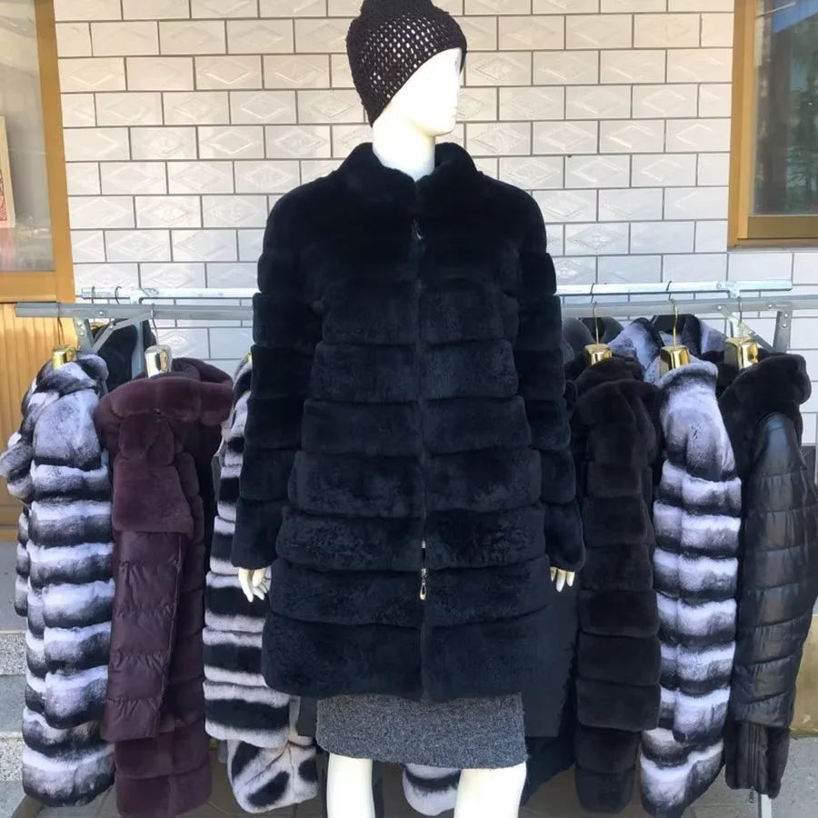 2025 Rabbit Fur Coat Rabbit Fur Jacket Stand Collar Imported Rex Rabbit Coat Stripes Rex Rabbit Fur Coat High Quality Natural Fu