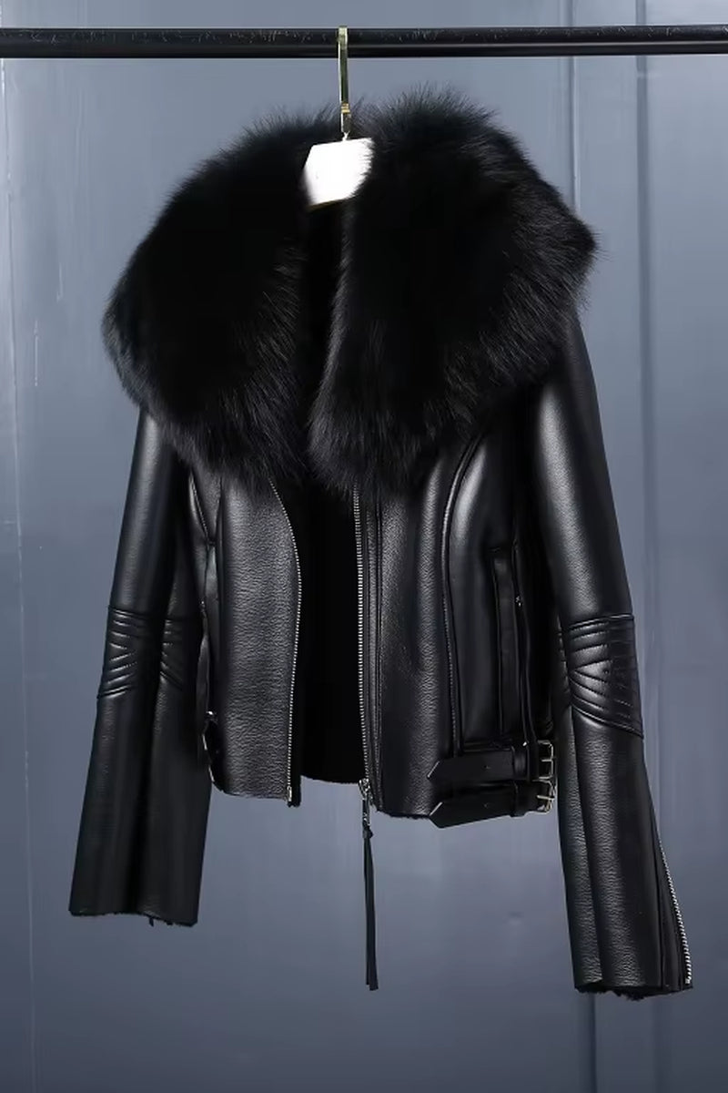 Women'S Short Lamb Fur Coat Fox Fur Collar Sheep Shearing Fur Parka Real Fur Coat Winter Warm Jacket