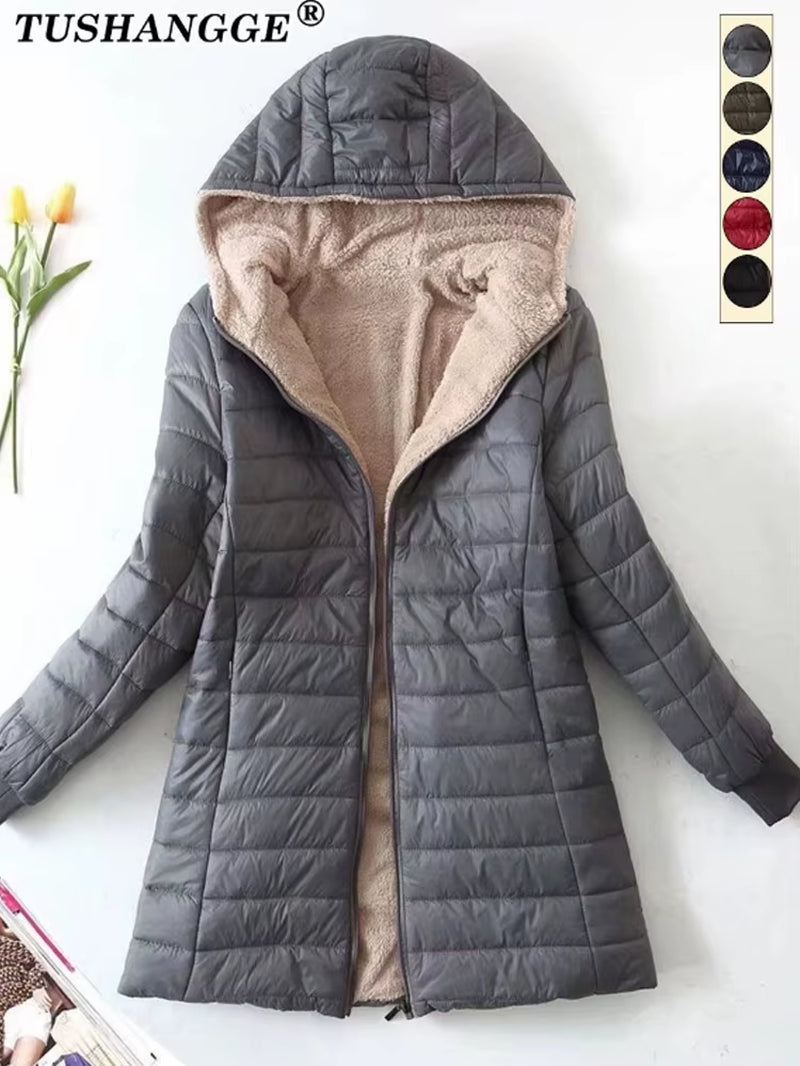 New Mid Length Korean Edition Hooded Fit Women Jackets Autumn Winter Mid-Length Office Cotton Coats Warm Lamb Fleece Parkas