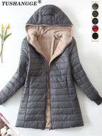 New Mid Length Korean Edition Hooded Fit Women Jackets Autumn Winter Mid-Length Office Cotton Coats Warm Lamb Fleece Parkas